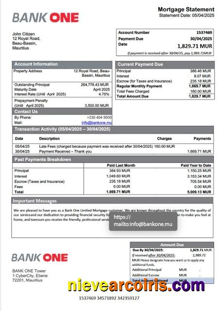 Mauritius Bank One Limited mortgage statement Word and PDF template